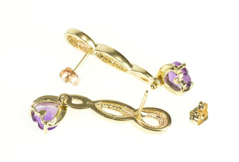 14K Yellow Gold Heart Amethyst Dangle Twist Bar Statement Earrings