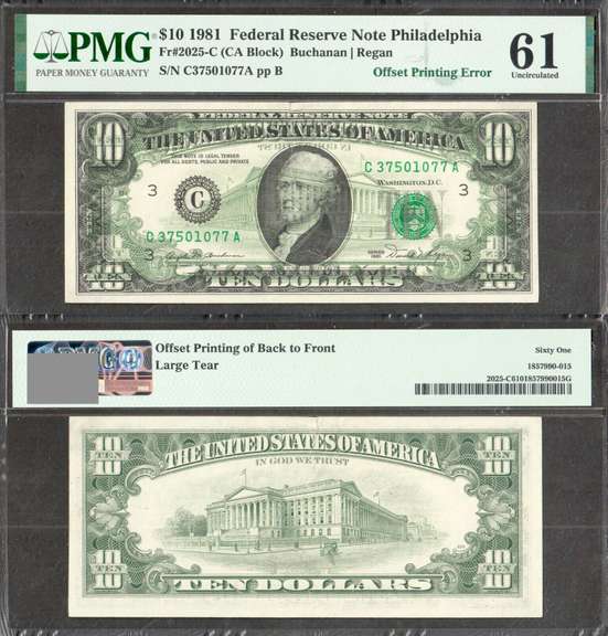$10 1981 FRN Fr. 2025-C Offset Error Back on Face PMG Uncirculated 61