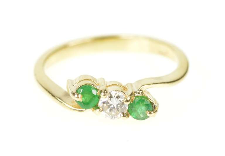 14K Yellow Gold Diamond Emerald Accent Bypass Engagement Ring