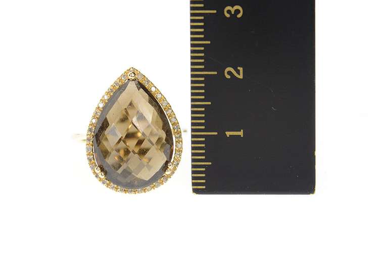 14K Yellow Gold Pear Faceted Smoky Quartz Diamond Halo Ring