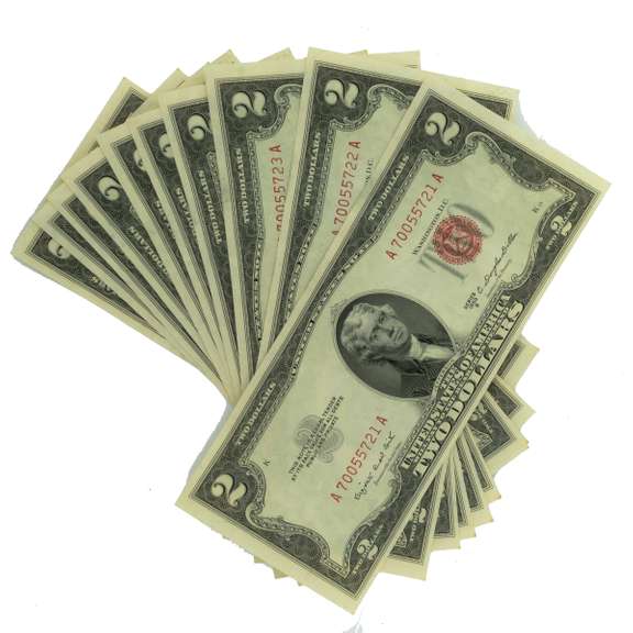 10 Consecutive CU 1953 B Series $ 2 US Notes From a Pack