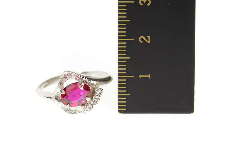 10K White Gold Retro Ornate 1960's Syn. Ruby CZ Statement Ring