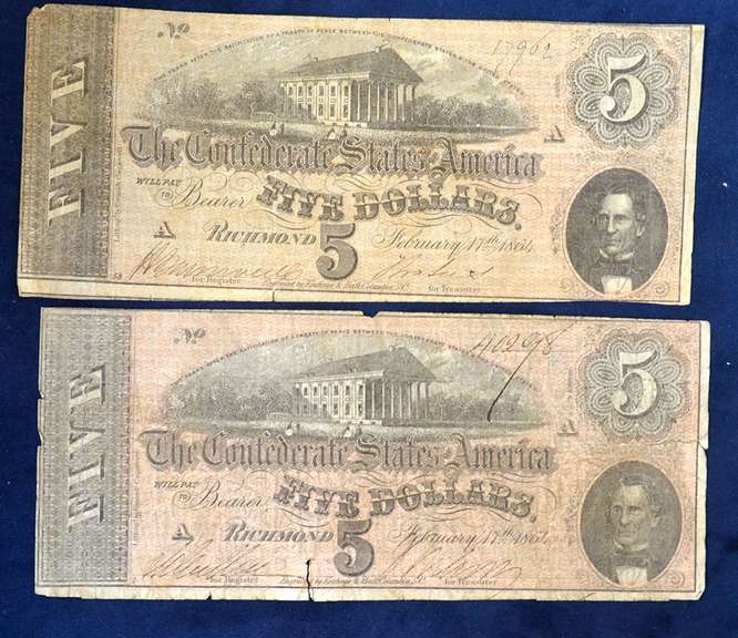 Lot of 2 Confederate 5 Dollar Notes Circulated