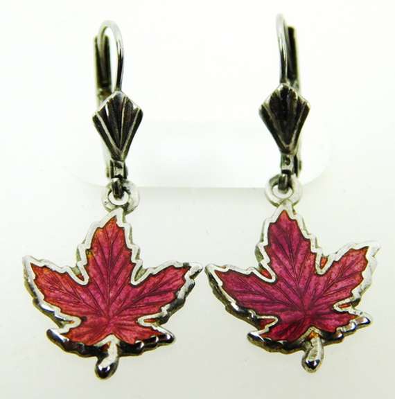 Vintage Sterling Enameled Maple Leaf Dangle Earrings