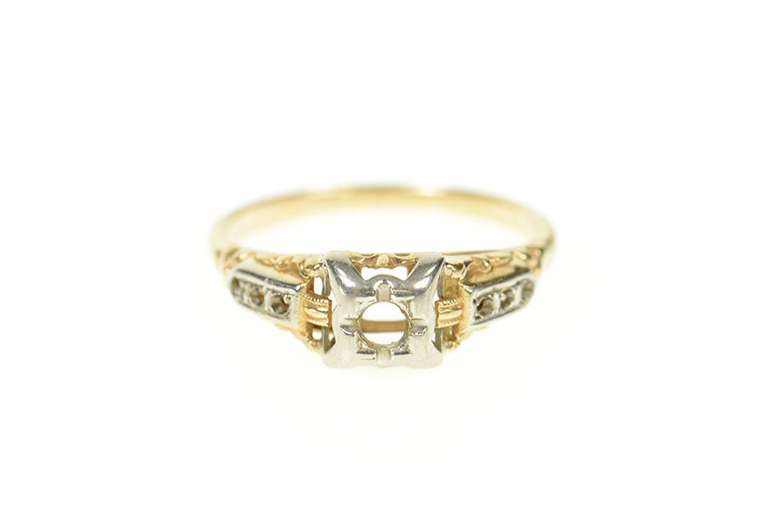 14K Yellow Gold 1940's Ornate Two Tone Engagement Setting Ring