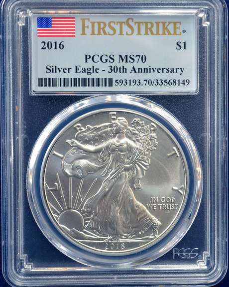 2016 $1 AMERICAN SILVER EAGLE PCGS MS70 FLAG FIRST STRIKE LABEL 30th ANNIVERSARY