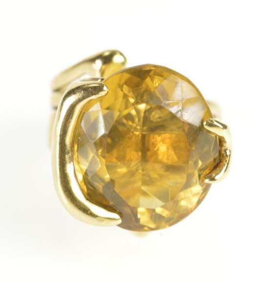 14K Yellow Gold Citrine Solitaire Abstract Freeform Statement Ring