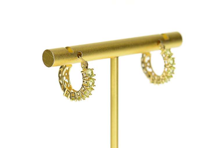 14K Yellow Gold Round Peridot Inset Ornate Scroll Hoop Earrings