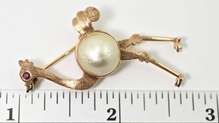 Amusing 14K Ostrich Brooch with Pearl