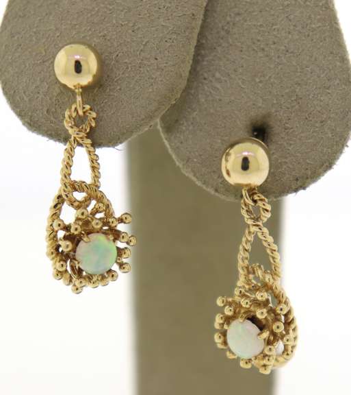 Beautiful Yellow Gold Opal Flower Style Dangle Earrings