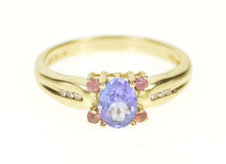 14K Yellow Gold Oval Tanzanite Pink Topaz Diamond Accent Ring
