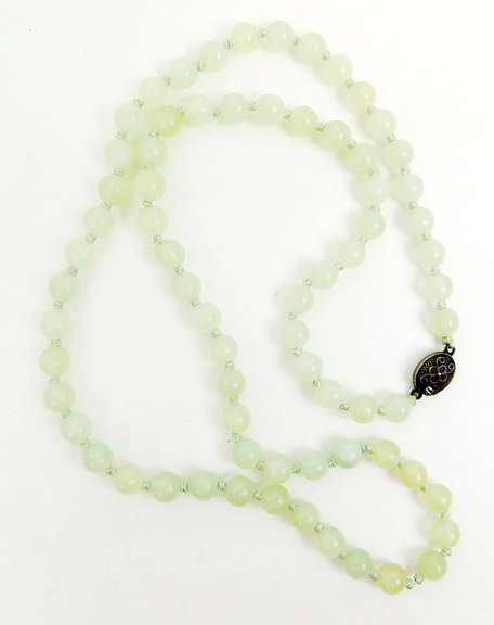 Vintage Chinese Jade Bead Necklace, Silver Clasp
