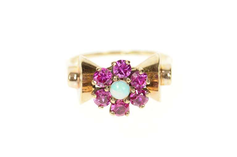 10K Yellow Gold 1960's Opal Syn. Ruby Halo Bow Statement Ring