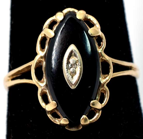 Vintage Gothic Onyx & Diamond Ring in Yellow Gold