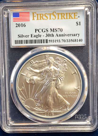 2016 $1 AMERICAN SILVER EAGLE PCGS MS70 FLAG FIRST STRIKE LABEL 30th ANNIVERSARY
