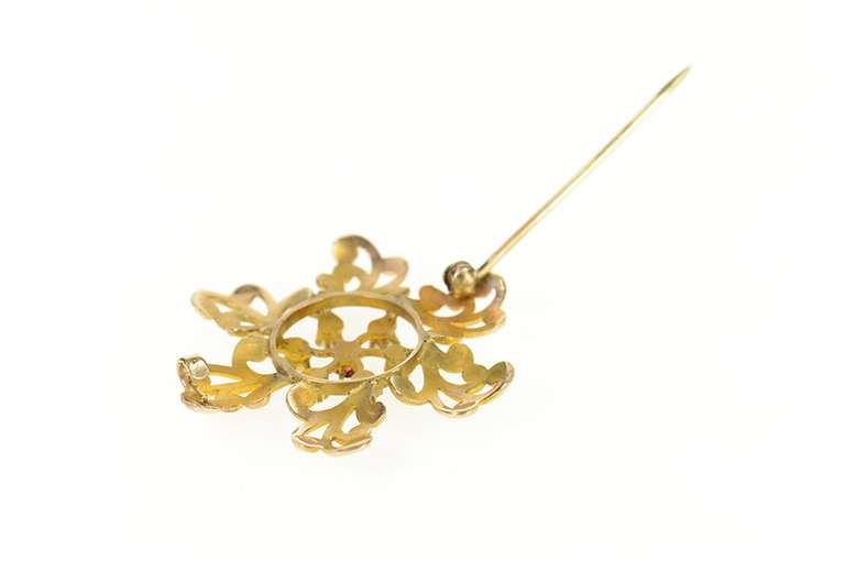 14K Yellow Gold Pearl Syn. Ruby Retro Ornate Scroll Swirl Pin/Brooch