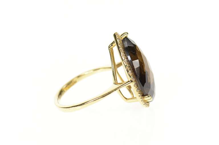 14K Yellow Gold Pear Faceted Smoky Quartz Diamond Halo Ring