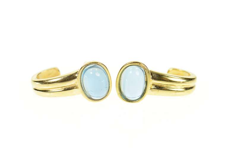 14K Yellow Gold Oval Blue Topaz Cabochon Statement Earrings