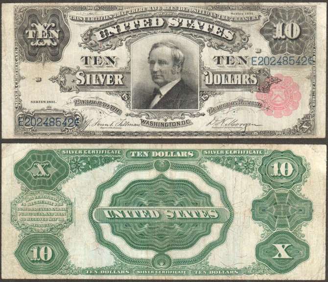 $10 1891 Silver Certificate Fr 318 Tombstone Hendricks Red Seal VF