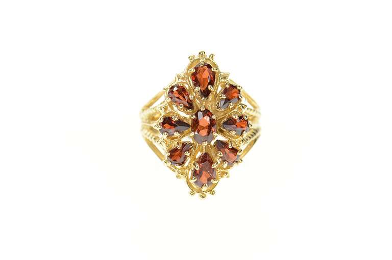 14K Yellow Gold Ornate Oval Garnet Halo Elaborate Cocktail Ring