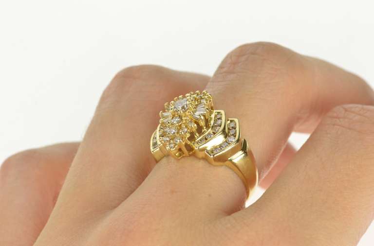 14K Yellow Gold 1.35 Ctw Diamond Elegant Cluster Statement Ring