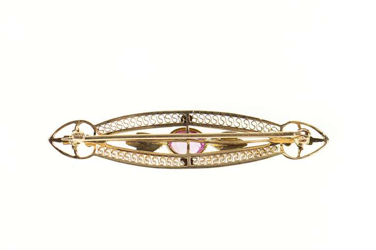 10K Yellow Gold Art Deco Pink Topaz Filigree Ornate Bar Pin/Brooch
