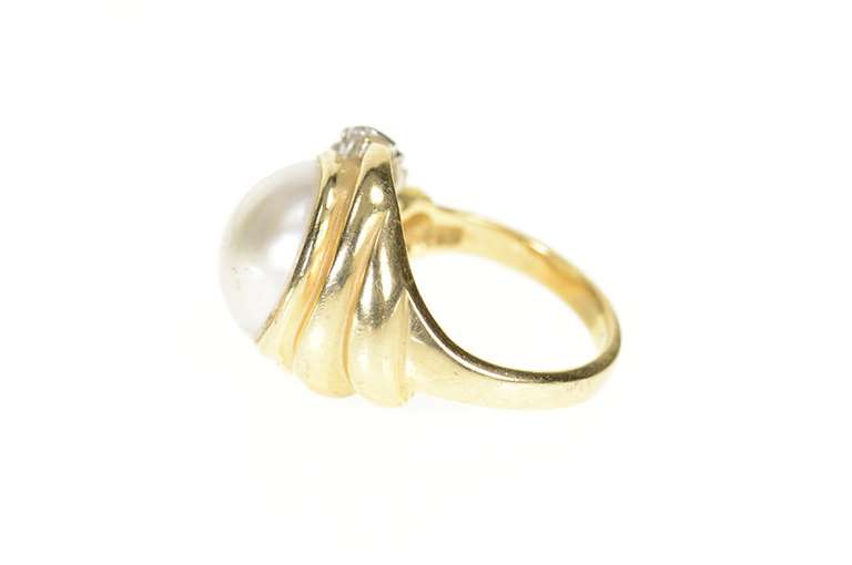 14K Yellow Gold Mabe Pearl Diamond Accent Retro Statement Ring