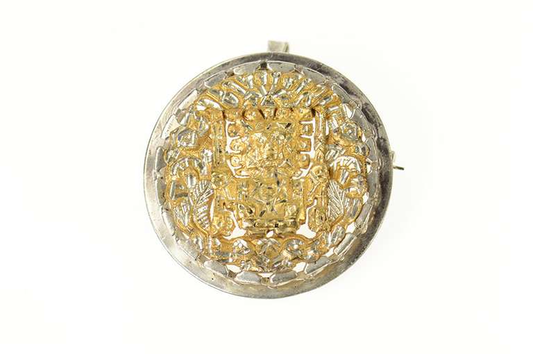 Sterling Silver Two Tone Peruvian Tribal Motif Ornate Pendant/Pin