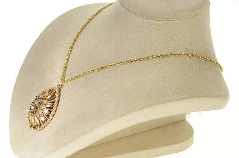 14K Yellow Gold 1960's Ornate Syn. Sapphire Pearl Tear Drop Pendant