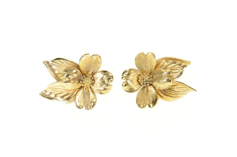 Gold Filled Ornate Dogwood Flower Retro Screw Back Earrings