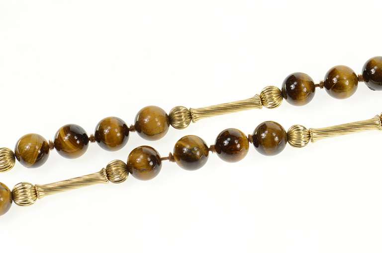 Gold Filled Retro Tiger's Eye Twist Bead Opera Chain Necklace