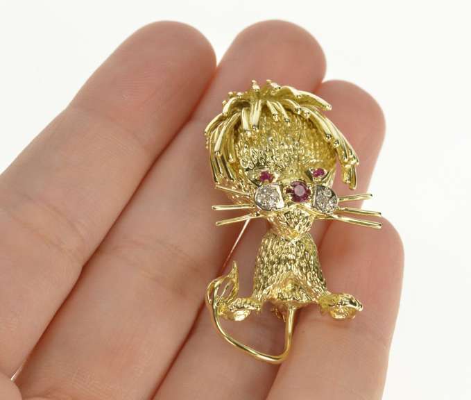 14K Yellow Gold Ruby Diamond Whisker Kitty Cat Retro Pin/Brooch
