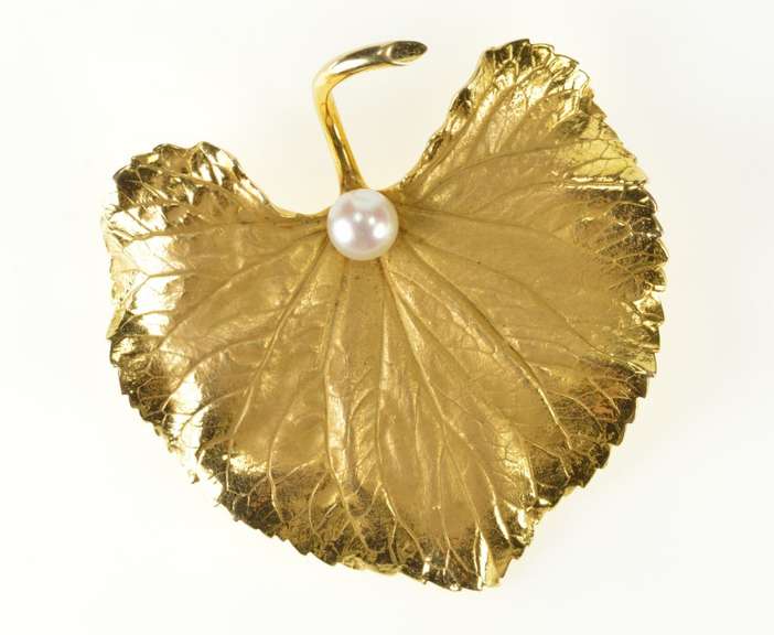 14K Yellow Gold Retro Huge Pearl Satin Finish Leaf Pin/Brooch