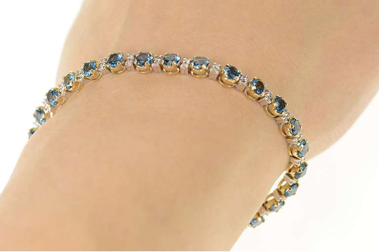 14K Yellow Gold Blue Topaz Diamond Accent Classic Tennis Bracelet