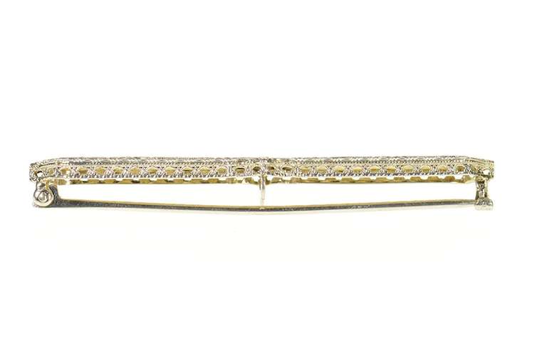 14K White Gold Art Deco Ornate Leaf Filigree Bar Pin/Brooch