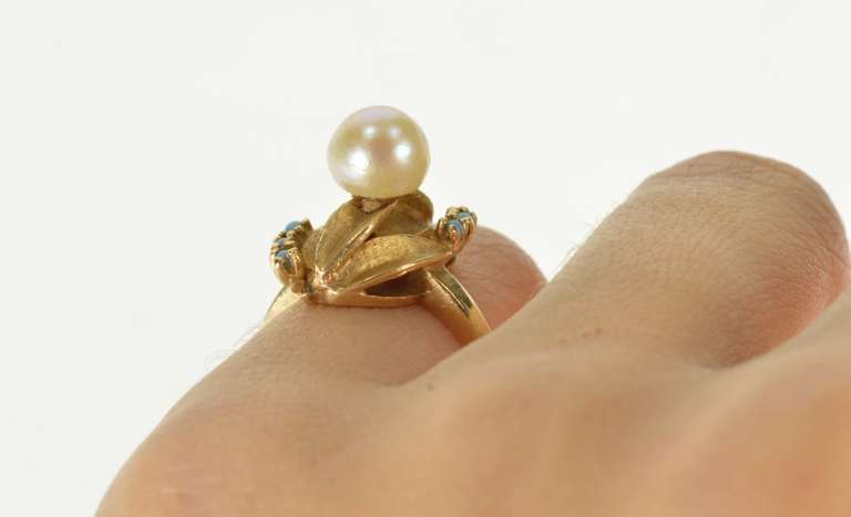 14K Yellow Gold 1960's Pearl Turquoise Leaf Cocktail Ring