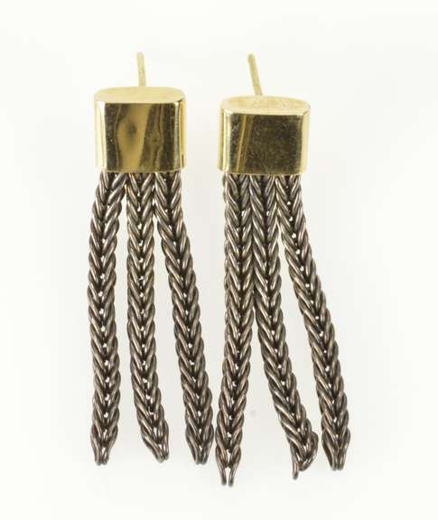14K Yellow Gold Two Tone Foxtail Chain Dangle Statement Earrings