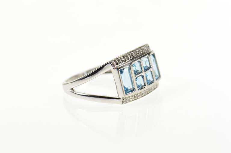 10K White Gold Squared Blue Topaz Squared Cluster Statement Ring