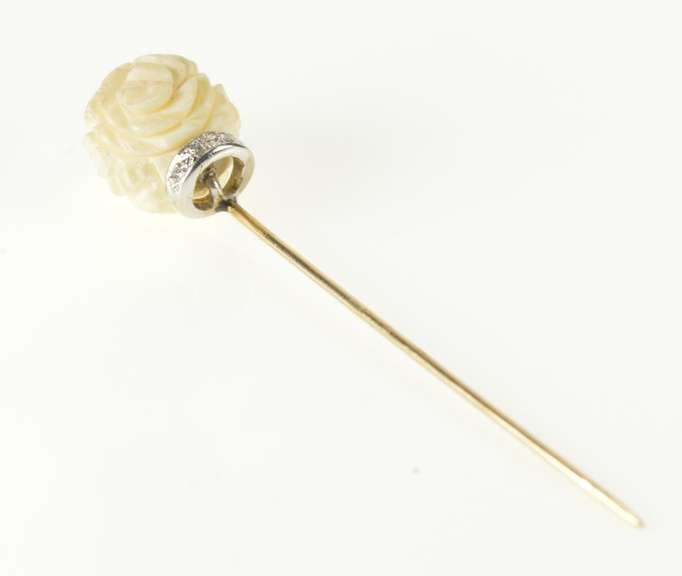 14K Yellow Gold Art Deco Carved Flower Diamond Accent Stick Pin