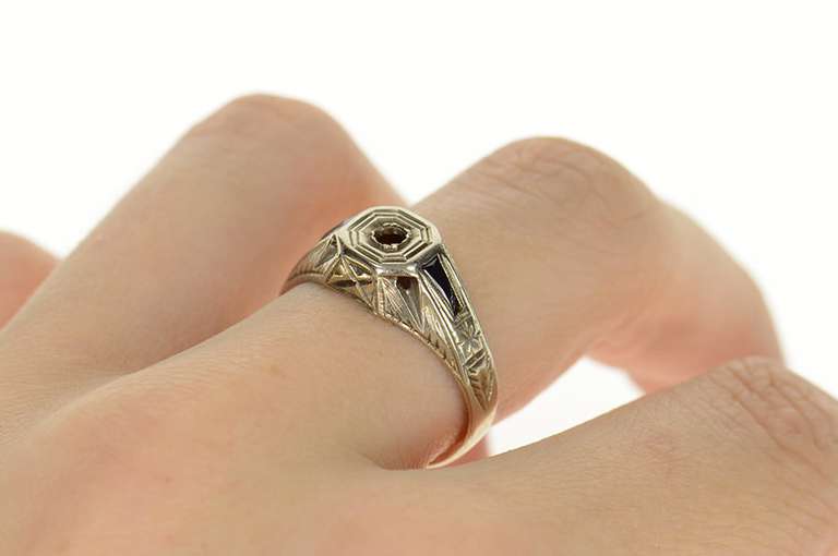 14K White Gold Art Deco 2.5mm Sapphire Accent Setting Ring