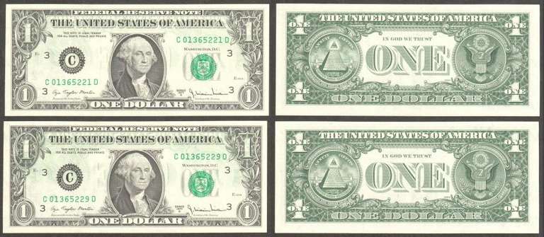 $1 1977-A FRN= PARTIAL BACK TO FRONT 75%=2 NOTES=CHOICE UNCIRCULATED