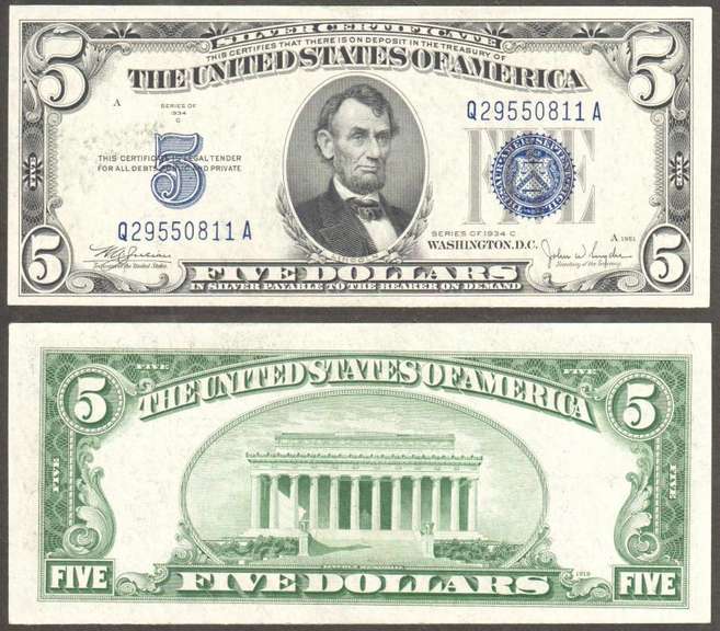$5 1934-C Silver Certificate Fr.1653 Choice Crisp Uncirculated