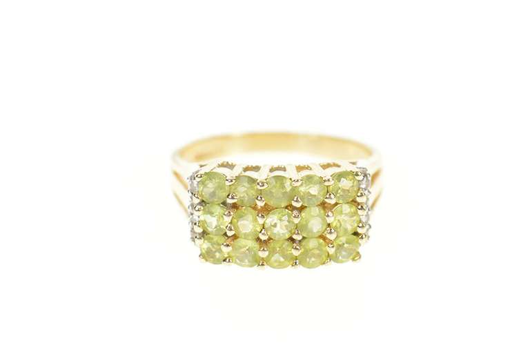 14K Yellow Gold Tiered Peridot Squared Cluster Diamond Cocktail Ring