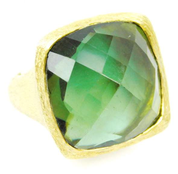 Designer Huge Green Amethyst Quartz Brass Ring, 7