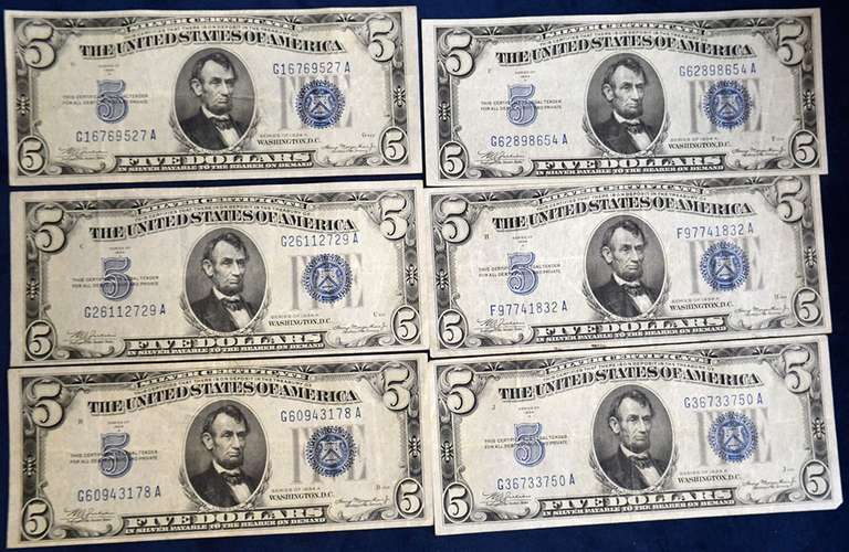 Lot Of 6 Five Dollar 1934 A Silver Certificates