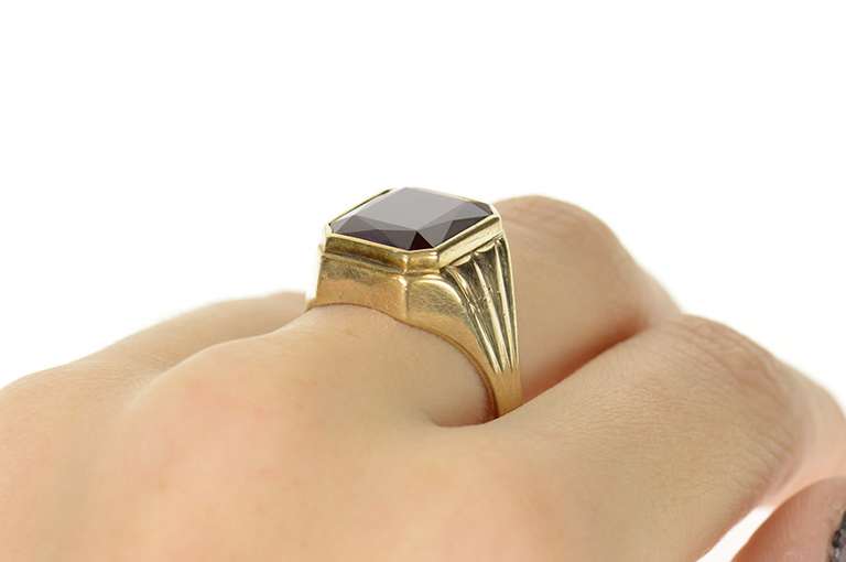 10K Yellow Gold Emerald Cut Syn. Ruby Men's Retro Statement Ring