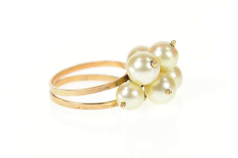 18K Yellow Gold Retro Pearl Beaded Fringe 1960's Statement Ring
