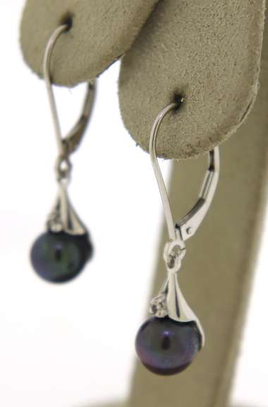 Fancy 14kt WG Black Pearl and Diamond Dangle Earrings