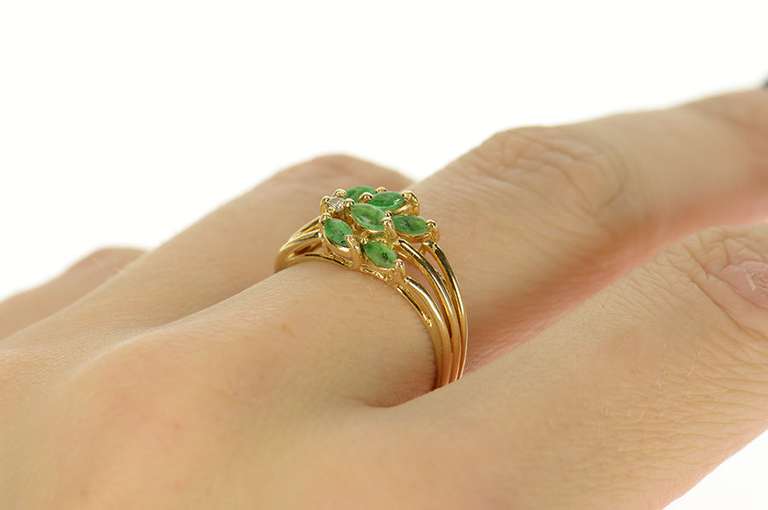 14K Yellow Gold Marquise Emerald Diamond Accent Cluster Ring
