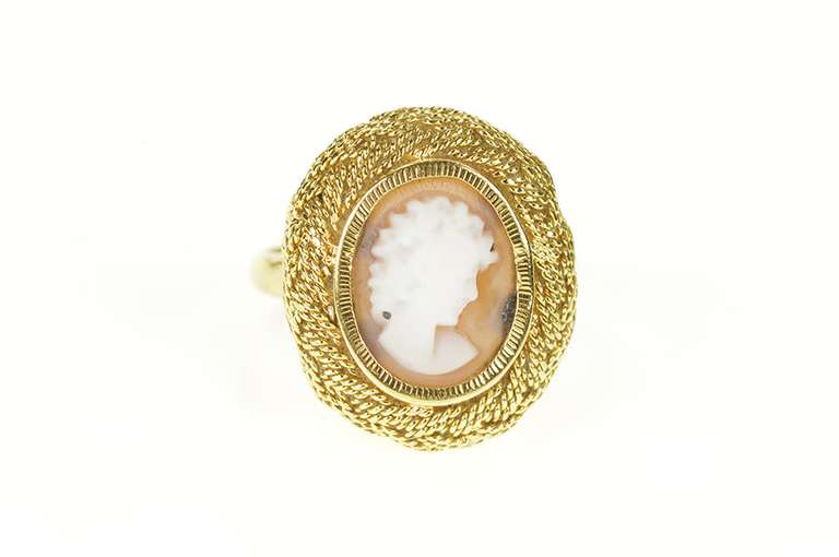 18K Yellow Gold Ornate Lady Carved Cameo Woven Halo Ring